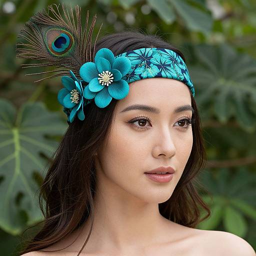 Photograph of a young Asian woman with fair skin and dark brown hair, wearing a turquoise flower headband with a peacock feather, against a green