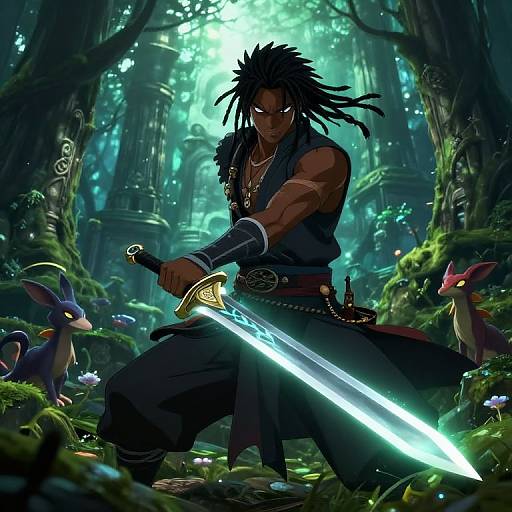 Muscled, dreadlocked warrior with glowing sword in enchanted forest, surrounded by glowing creatures. Fantasy artwork with vibrant, mystical lighting.