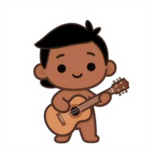 Cartoon of a cute, brown-skinned, black-haired child with a small smile, standing and playing a tan acoustic guitar.