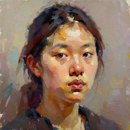 Digital painting of an Asian woman with realistic facial features, softly blended colors, and textured brushstrokes, gazing slightly to the right.