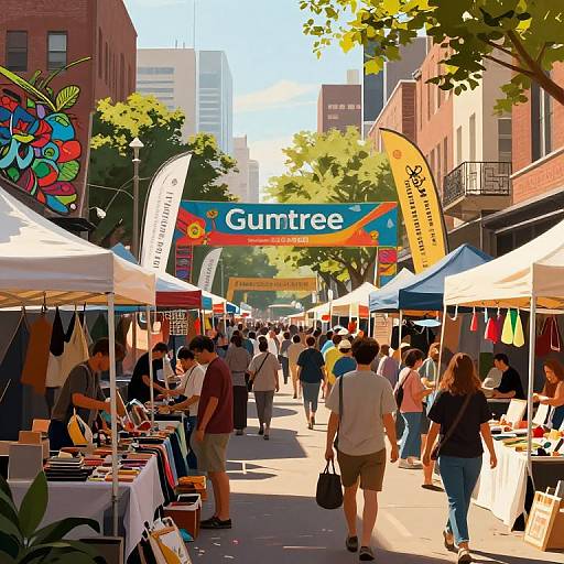 Vibrant outdoor market street with colorful flags, white tents, diverse crowd, and 