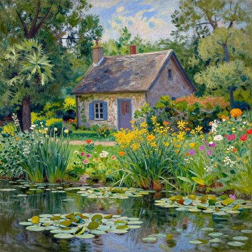 Impressionistic Serene Landscape with Cottage