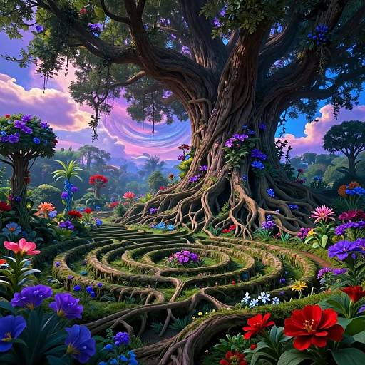 Vibrant, detailed digital fantasy scene of a twisted, ancient tree with gnarled roots forming a maze, surrounded by colorful flowers and lush green