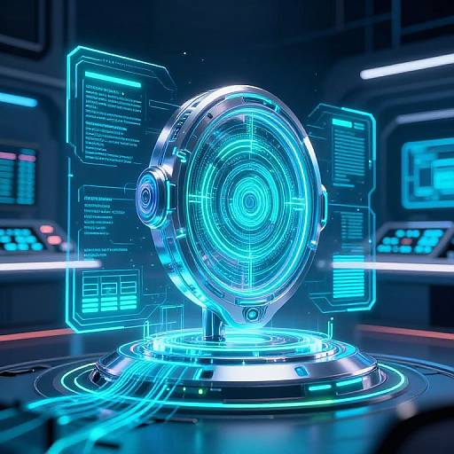 Neon-lit, futuristic circular holographic device with glowing blue circuits and data overlays, centered in a high-tech control room. Digital screens and panels