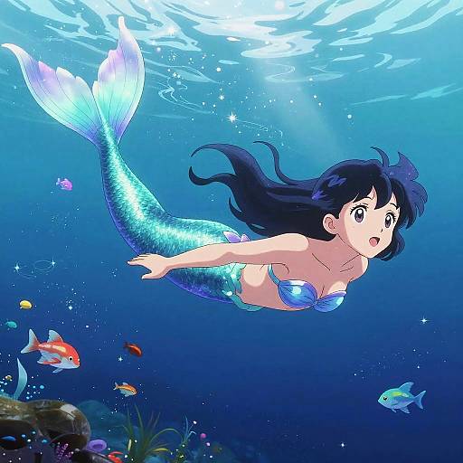 Colorful anime-style drawing of a blue-haired mermaid with a shimmering scale tail, pearl bikini top, and wide eyes, swimming underwater surrounded by