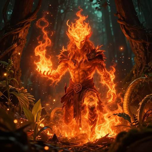 Digital artwork of a muscular, fiery humanoid with a blazing head and chest, standing in a dark forest, surrounded by glowing embers.
