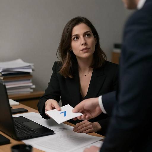 Woman Receiving Numbered Envelope at Desk