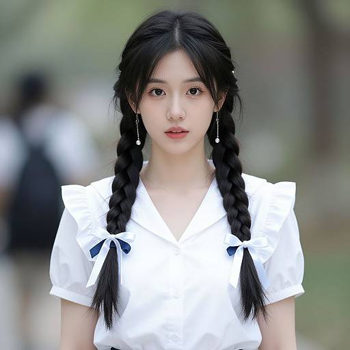 Photograph of an Asian woman with long black braids, wearing a white blouse with short sleeves and black bows, standing outdoors with a blurred green background