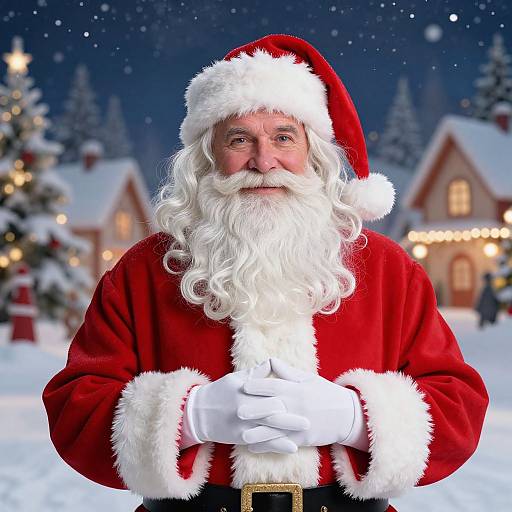 Photograph of a Santa Claus with a white beard and red suit, standing in a snowy village at night, with festive, warmly lit houses in the