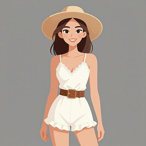Digital illustration of a smiling Asian woman with long black hair, wearing a white lace-trimmed romper, brown belt, and wide-brimmed