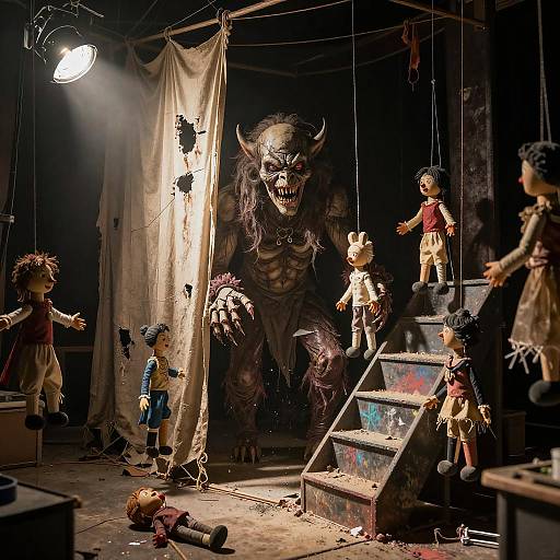 Lurking Monster in Puppet Theater Backstage