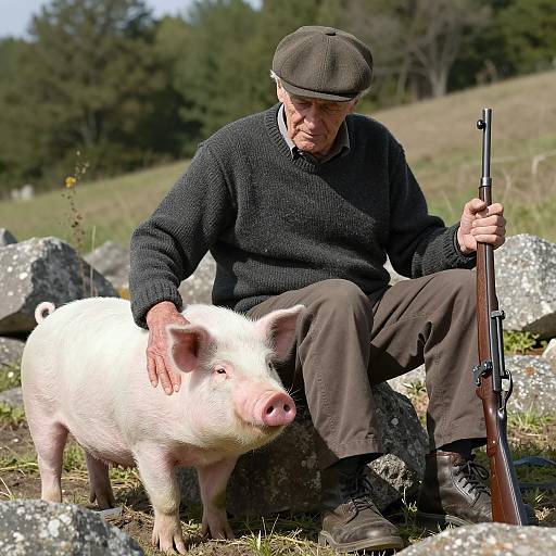 Old Man and His Pig in Nature