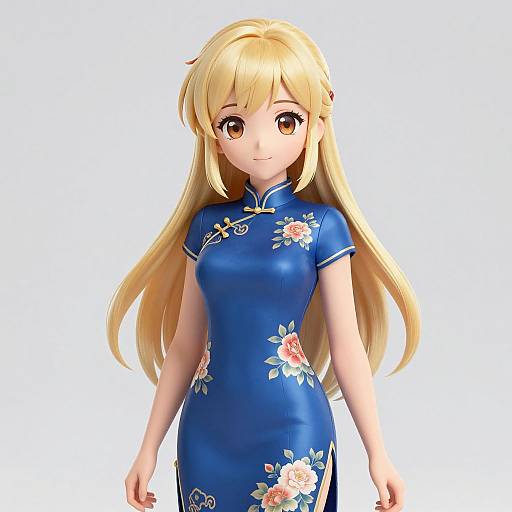Digital anime-style drawing of a blonde girl with long hair, wearing a blue floral cheongsam dress, standing against a white background.