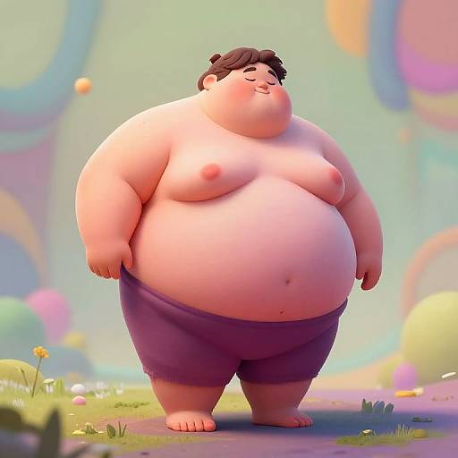 Digital cartoon of a chubby, nude, light-skinned man with dark hair, wearing purple shorts, standing in a colorful, whimsical outdoor setting.