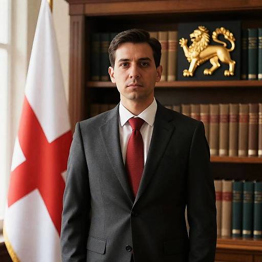 Serious Businessman Against Bookshelf Background