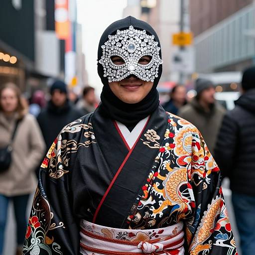 Photograph of a person in a black floral kimono with gold and red dragon patterns, wearing a detailed white lace mask, standing in a blurred urban
