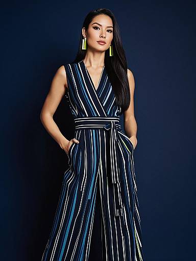 Woman in Sleeveless Striped Jumpsuit