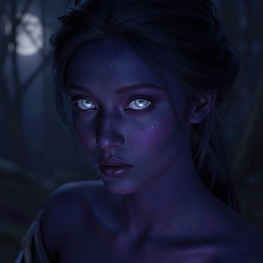 Photorealistic digital portrait of a mysterious, blue-lit woman with glowing white eyes, dark hair, and glistening skin in a shadowy forest