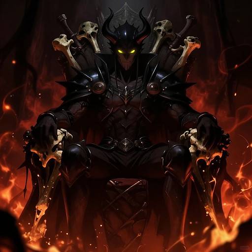 Dark fantasy digital illustration of a demonic figure with glowing green eyes, black armor, skull-adorned throne, surrounded by fiery red-orange flames.