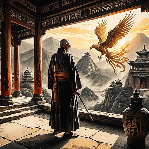 Elderly Warrior Monk and Phoenix in Mountain Temple