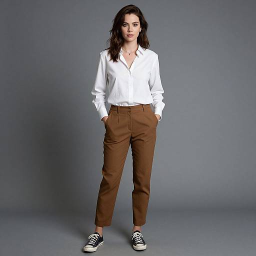 Photograph of a woman with dark hair, wearing a white button-up shirt, brown pants, and black sneakers, standing against a gray background. Hands