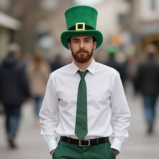 Photograph of bearded man with green top hat, white shirt, green tie, and green pants standing in blurred city street.