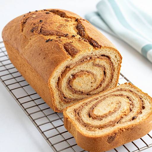 Photograph of a golden-brown, swirl-patterned loaf of chocolate chip bread on a wire cooling rack, with a slice cut and lifted.