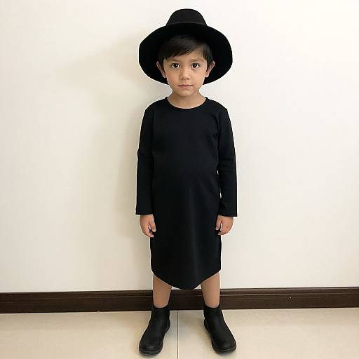 Photograph of a young boy with light brown skin, black dress, wide-brimmed hat, black boots, standing against a plain white wall.