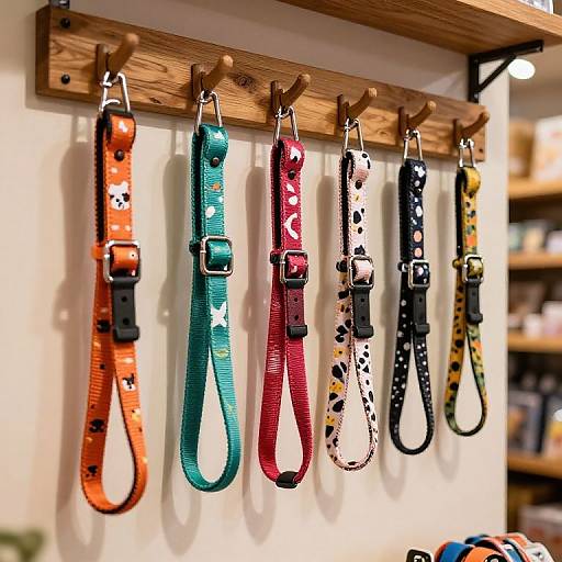 Photograph of six colorful dog collars with various patterns and buckles, hanging on a wooden pegboard in a well-lit store.