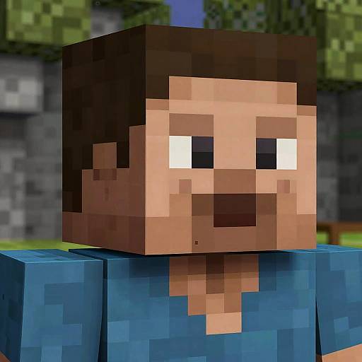 Pixelated Minecraft character with blocky, square face, brown hair, large white eyes, and blue shirt in outdoor Minecraft environment.