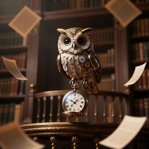 Clockwork Owl Over Antique Library Balcony