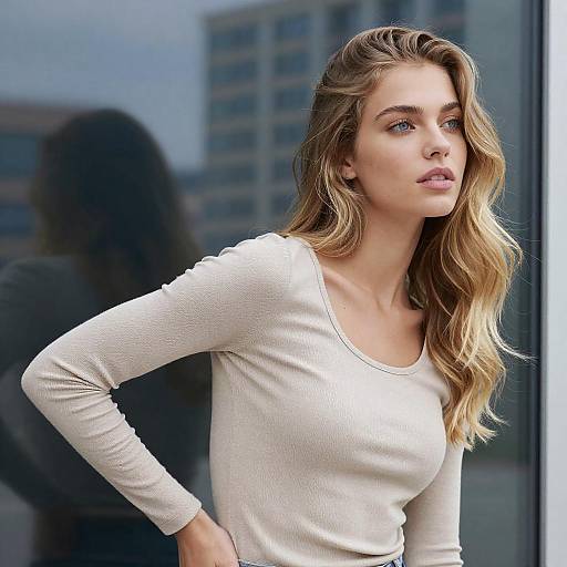 Young Woman by Blue Glass Window