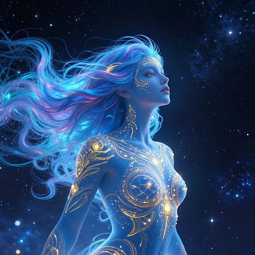 Digital artwork of a glowing blue woman with ethereal, flowing hair, adorned with intricate golden patterns, set against a starry night sky.