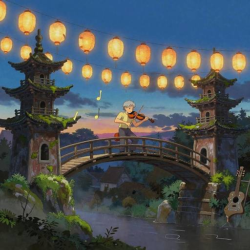 Elderly Violinist on Suspended Wooden Bridge at Dusk