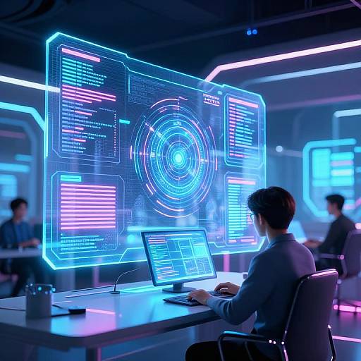 Neon-lit futuristic workspace: man in gray shirt, back to camera, works on laptop, holographic interface with glowing blue and pink lines,