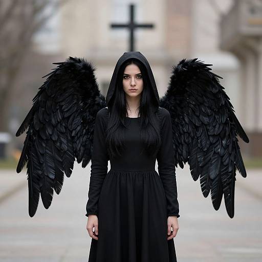 Photograph of a pale woman with long black hair, wearing a black dress and hooded cloak, standing with large, feathery black wings,
