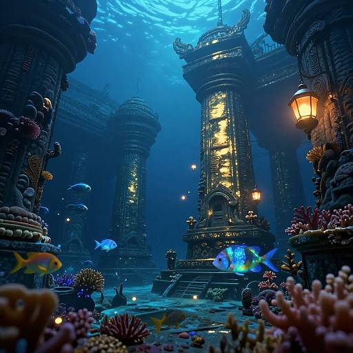 Underwater fantasy temple with glowing lanterns, blue-lit fish, coral, and intricately carved stone columns, illuminated by ethereal blue light.