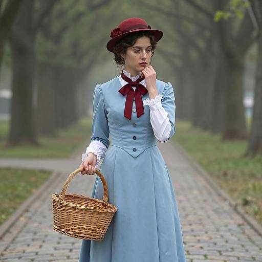 Woman in Victorian Blue Dress with Red Hat and Basket