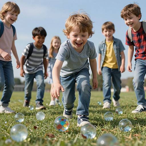 Photograph of six smiling children running on grass, chasing colorful bubbles on a sunny day, with clear blue sky background.