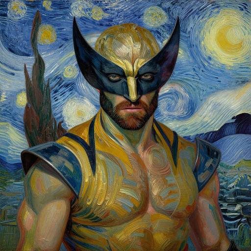 Digital painting of a muscular man with a beard, wearing golden armor and a black mask, set against a vibrant, swirling blue and yellow night sky.