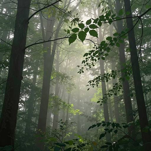 Photograph of a misty forest, tall trees with dark trunks, sunlight filtering through dense green foliage, creating a serene, ethereal atmosphere.