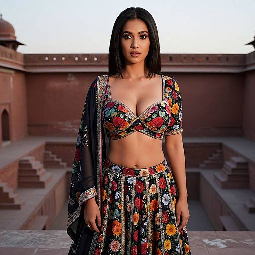 Photorealistic digital art of an Indian woman with medium brown skin, straight black hair, wearing a floral choli and lehenga, standing in a