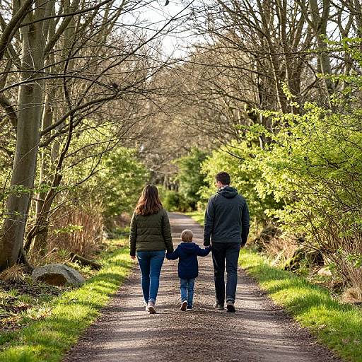 Photograph of a family of three walking down a sunlit, tree-lined path, holding hands, with a young child in the center.