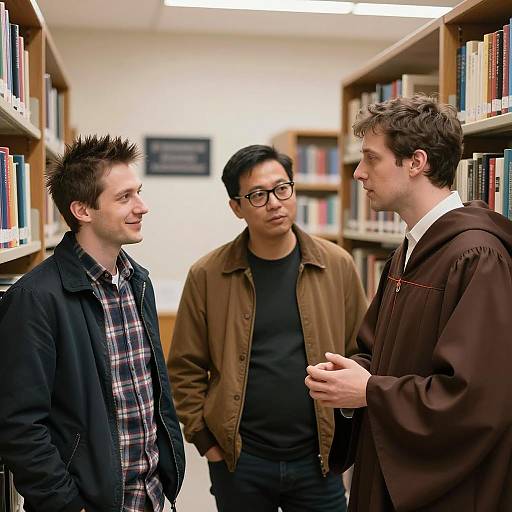 Three Men Conversing in Library