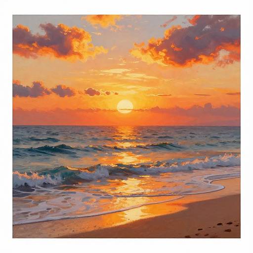 Photograph of a vibrant sunset over a beach, with orange and red clouds, shimmering sun reflection on waves, and wet sand.