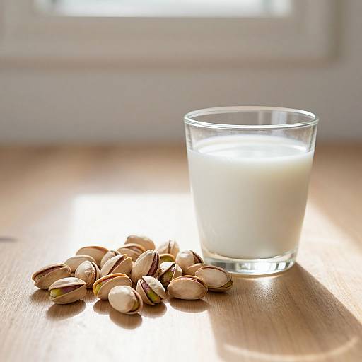 Photograph of a clear glass of milk with a cluster of unshelled pistachios on a sunlit wooden surface.