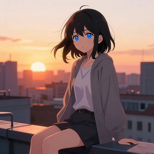 Anime Girl on Rooftop at Sunset