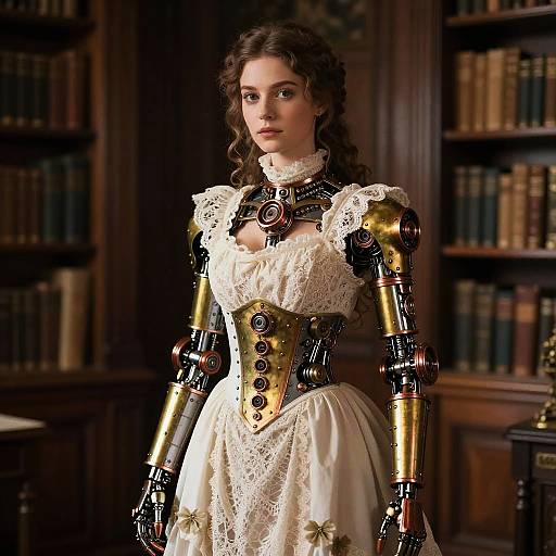 Photorealistic CGI of a Victorian-era, cybernetic woman with golden robotic arms and corset, wearing a lace white dress, standing in a