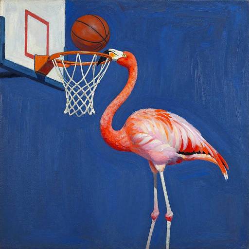 Matisse-Style Flamingo Dunking a Basketball Painting