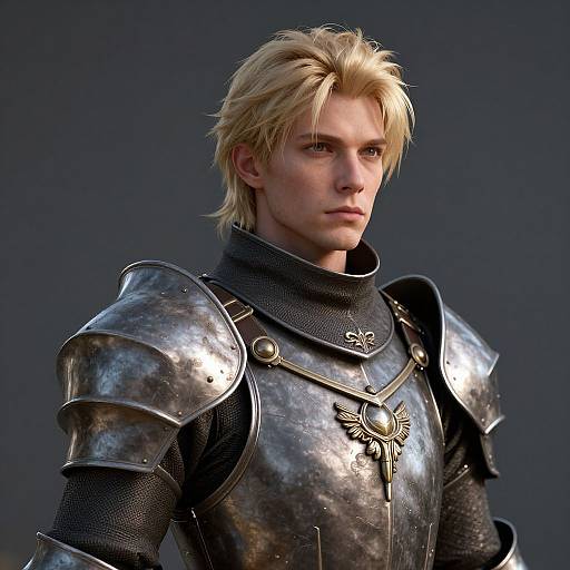 CGI portrait of a blond, blue-eyed male warrior in shiny, metallic armor with a sun emblem on the chest, set against a dark gray background